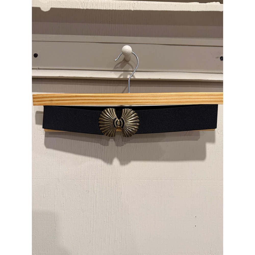 Vintage Black Elastic Cinch Belt Gold Shell Buckle Enamel Accent Wide Stretch